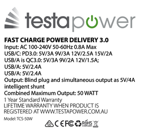 Wall Plug - 4 Ports, USB-C & USB-A x3, Fast Charge, PD 50W