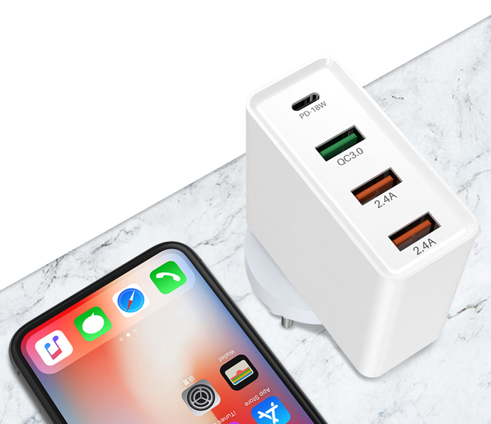 Wall Plug - 4 Ports, USB-C & USB-A x3, Fast Charge, PD 50W